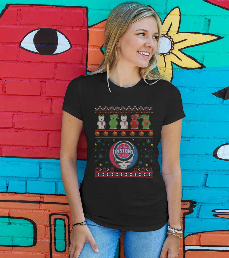 Detroit Pistons Grateful Dead Bears Xmas Sweater Logos T-Shirt