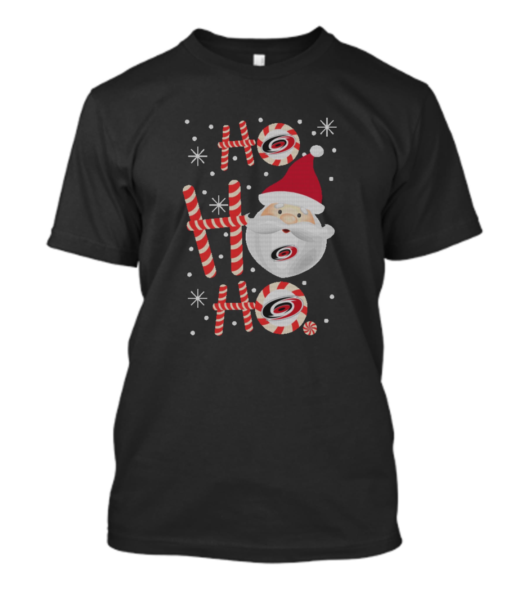 Ho Ho Ho Santa Claus With Candy Canes And Carolina Hurricanes Logo Christmas Fans T-Shirt