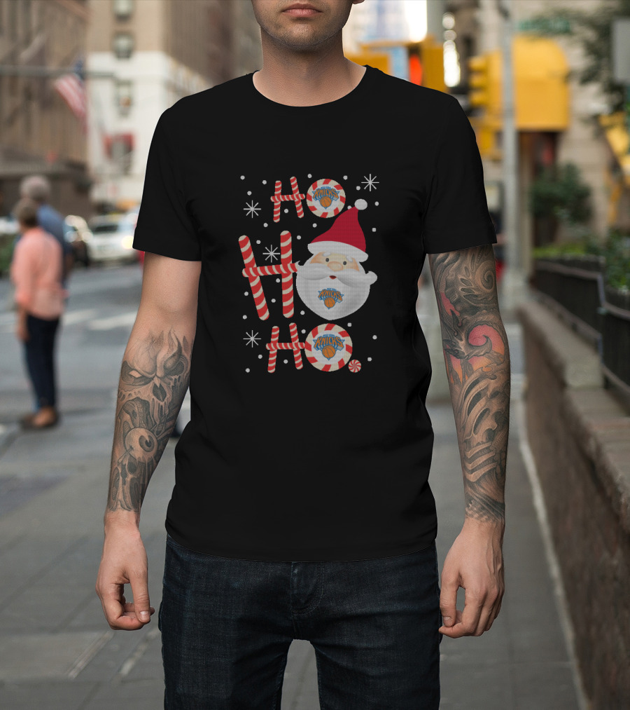 Ho Ho Ho Christmas New York Knicks Santa Christmas Peppermint Snowflakes T-Shirt