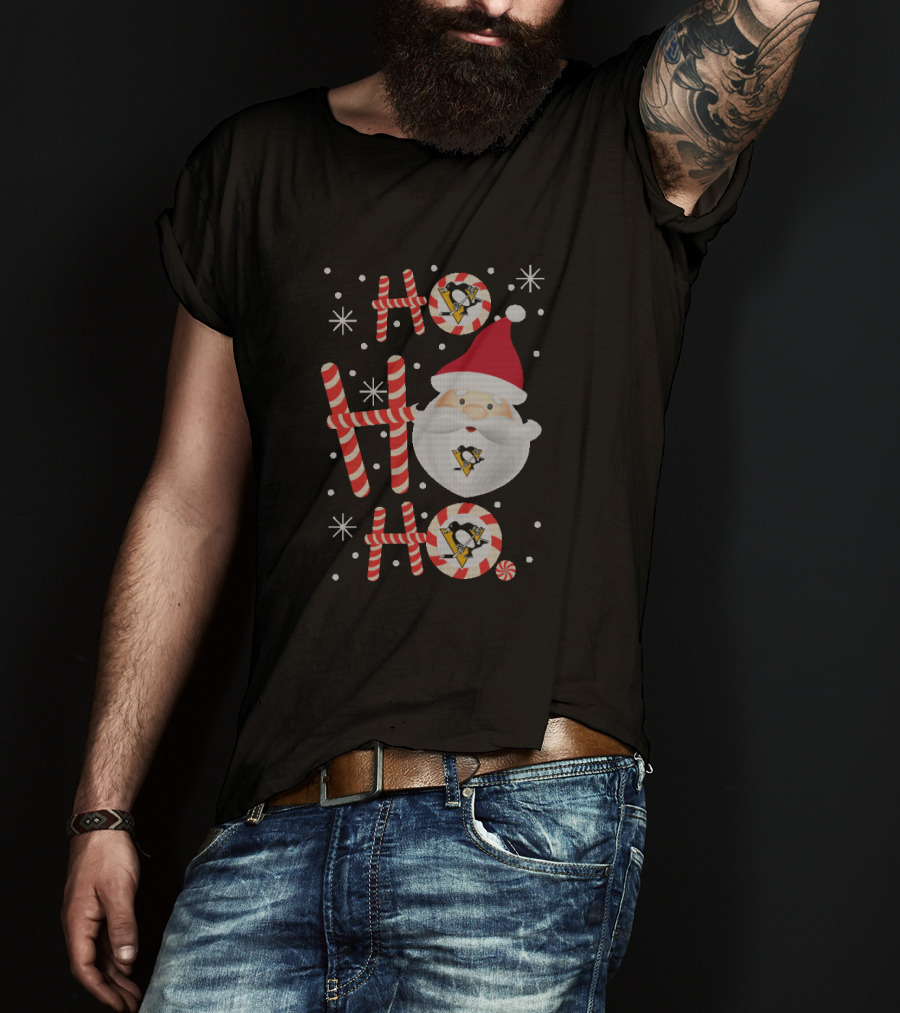 Santa Ho Ho Ho Theme With Pittsburgh Penguins Logo Xmas Fans T-Shirt