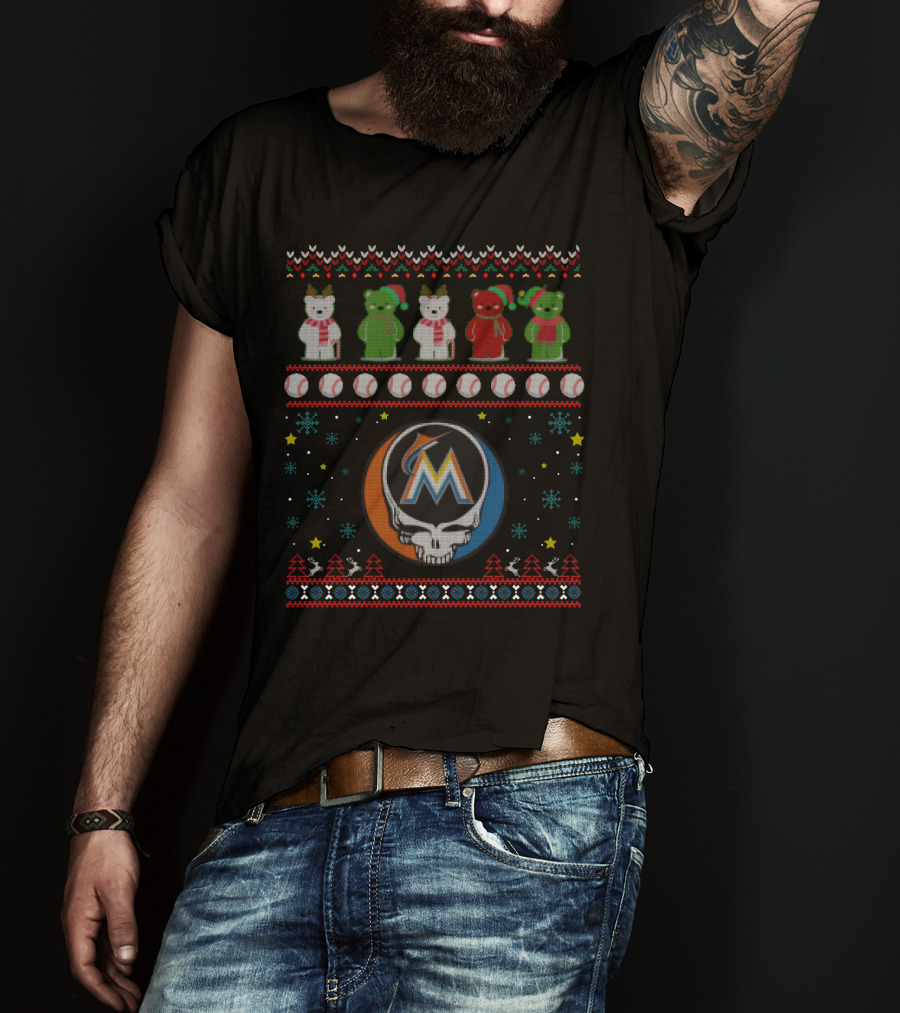Miami Marlins Grateful Dead Bears Holiday Baseball Mashup T-Shirt