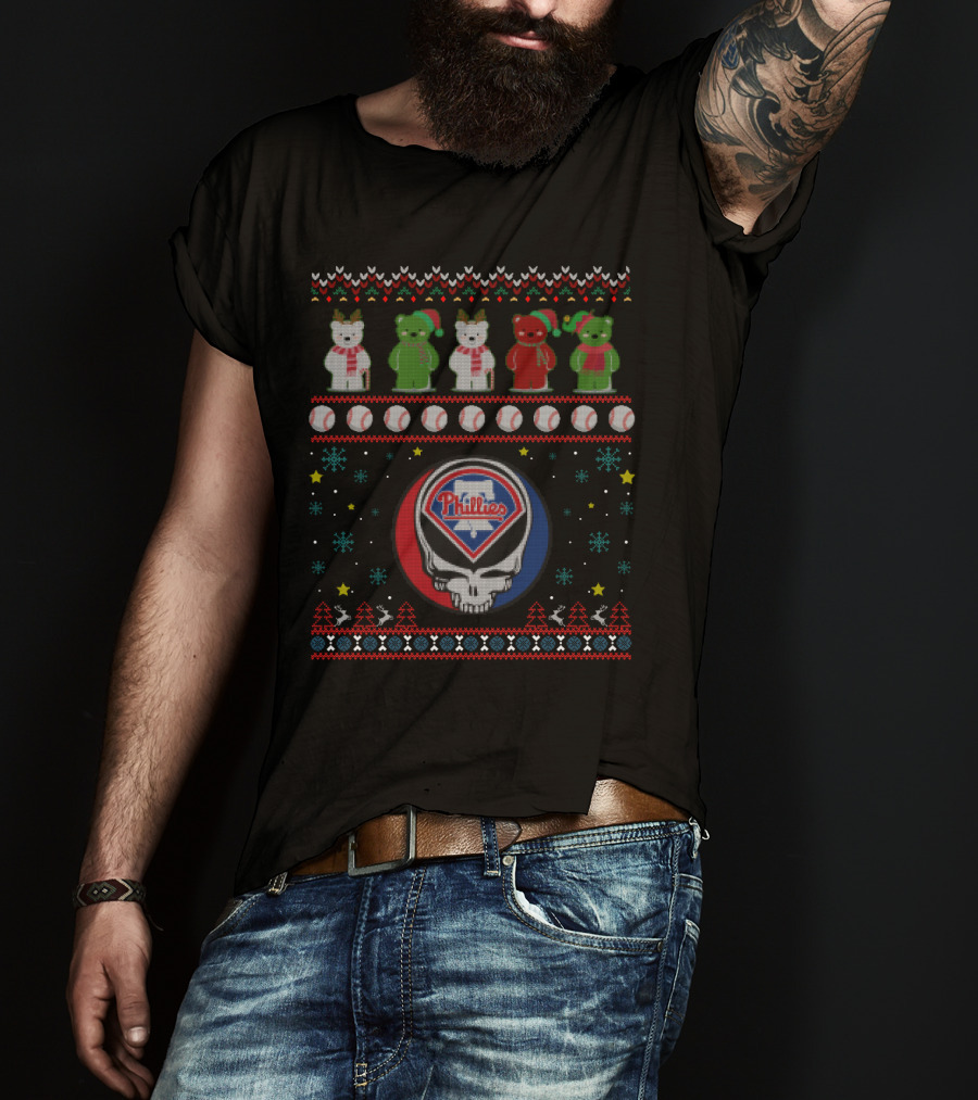 Philadelphia Phillies Grateful Dead Bears Baseball Skull Winter T-Shirt