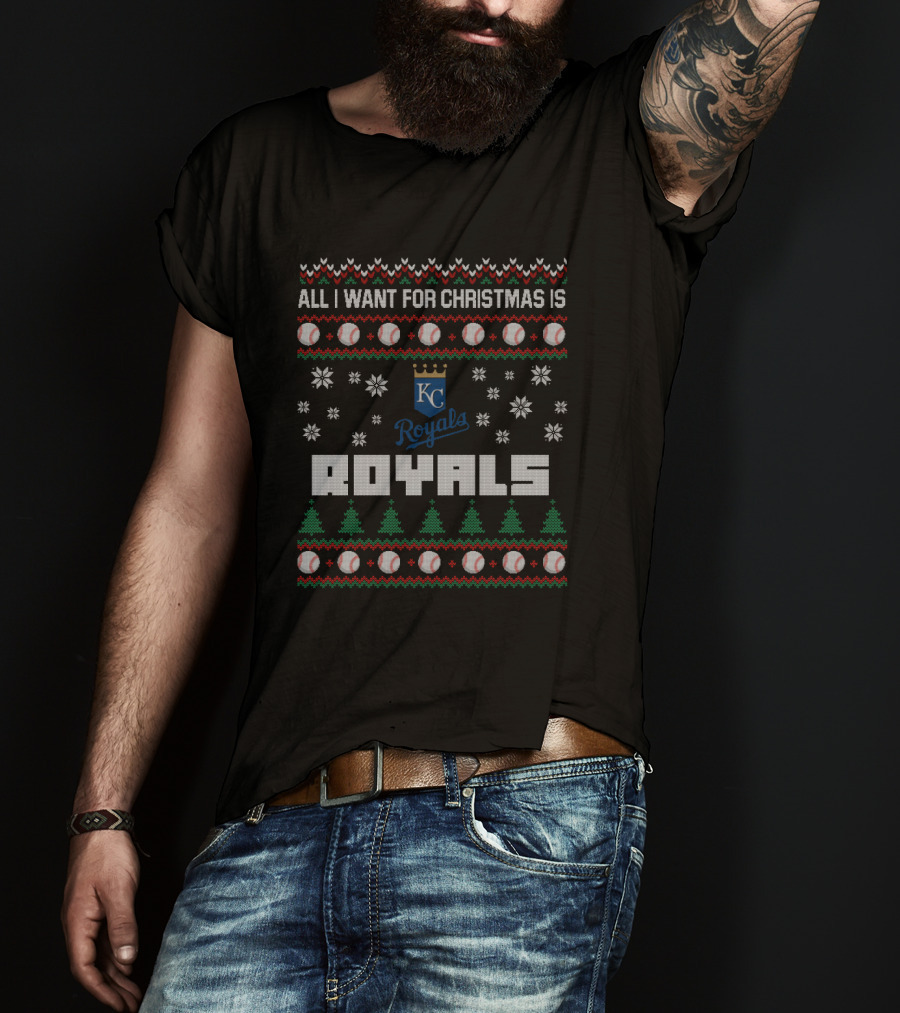 All I Want For Christmas Is Kansas City Royals Ugly Sweater Design With Baseballs Snowflakes And Trees T-Shirt