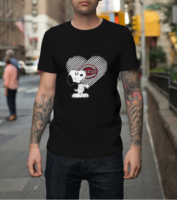 Shirt: Snoopy Heart Cincinnati Reds Logo in Black and White with Red Accents T-Shirt Snoopy Heart Cincinnati Reds Logo in Black and White with Red Accents T-Shirt