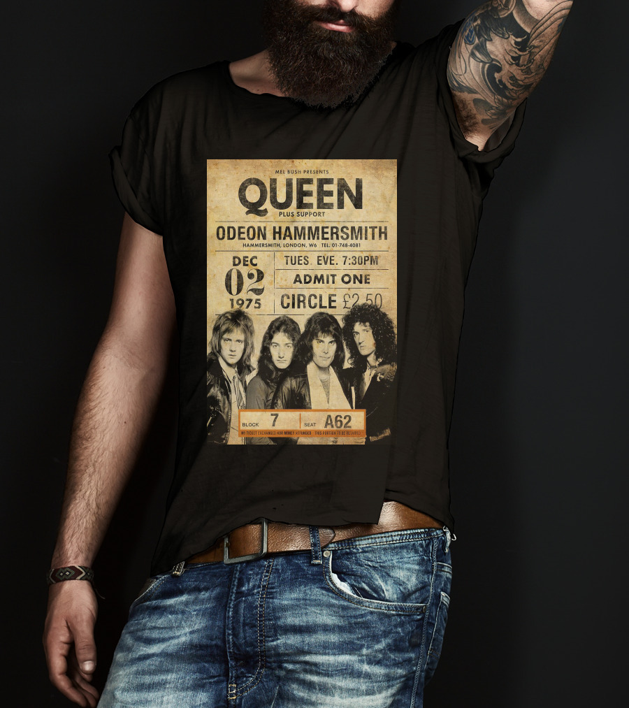 Queen Concert Odeon Hammersmith Dec 02 1975 Admit One Circle 7:30PM Block 7 Seat A62 T-Shirt