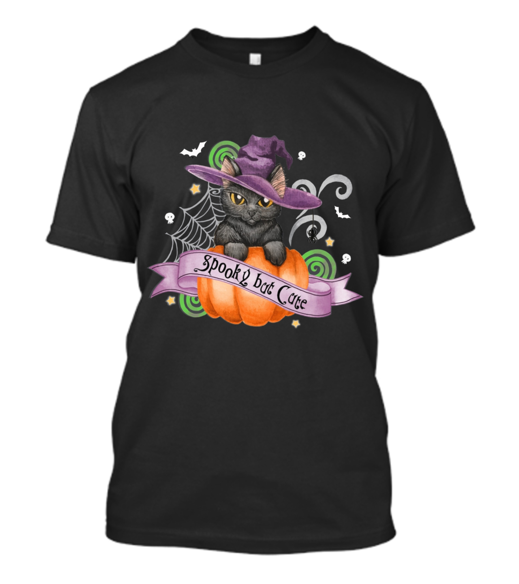 Spooky But Cute Cat Halloween Witch Hat Pumpkin Spiderweb Bats Skulls T-Shirt