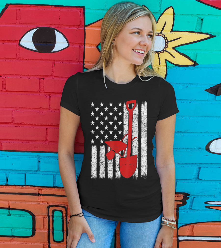 American Flag Garden Tools Wheelbarrow Shovel T-Shirt