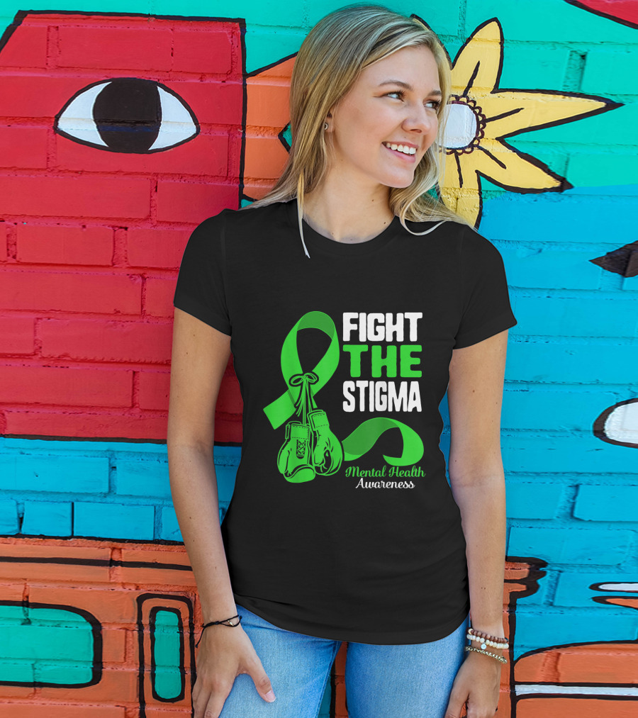 Fight The Stigma Mental Health Awareness Green Ribbon Boxing Gloves T-Shirt