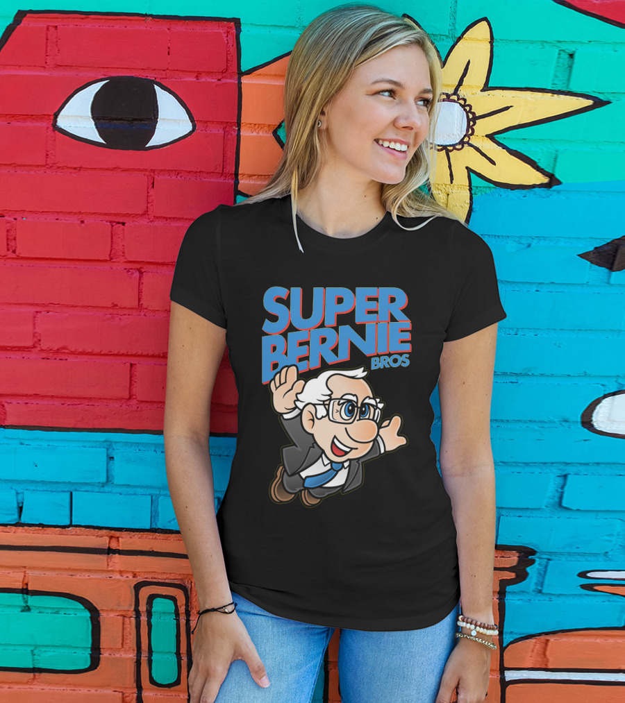 Super Bernie Bros Flying Cartoon Character In Blue Suit And Glasses Iconic T-Shirt