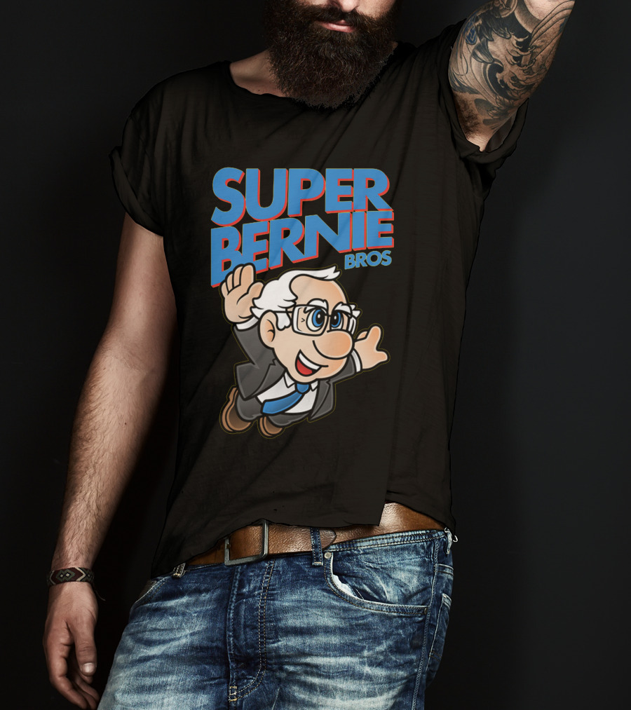 Super Bernie Bros Flying Cartoon Character In Blue Suit And Glasses Iconic T-Shirt