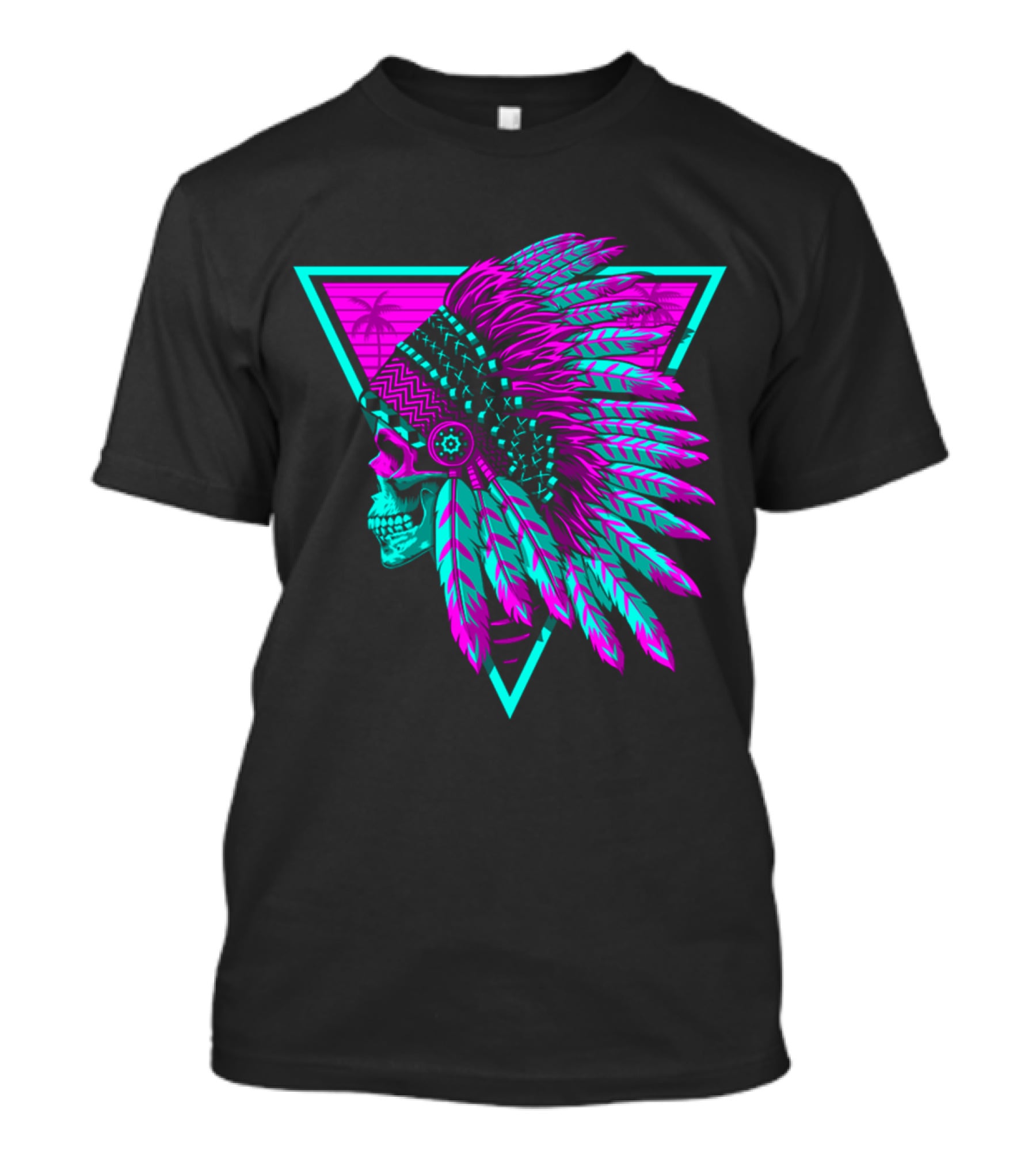 Retro Neon Skull With Headdress In Triangle Frame T-Shirt