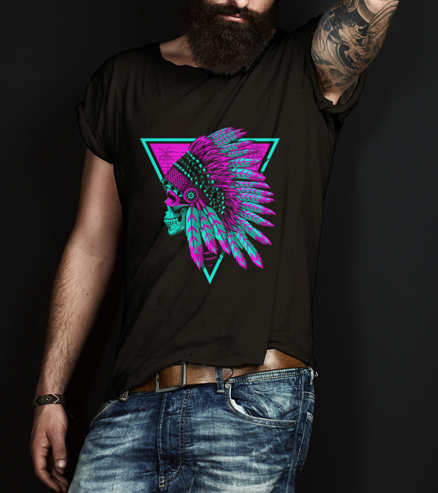 Retro Neon Skull With Headdress In Triangle Frame T-Shirt