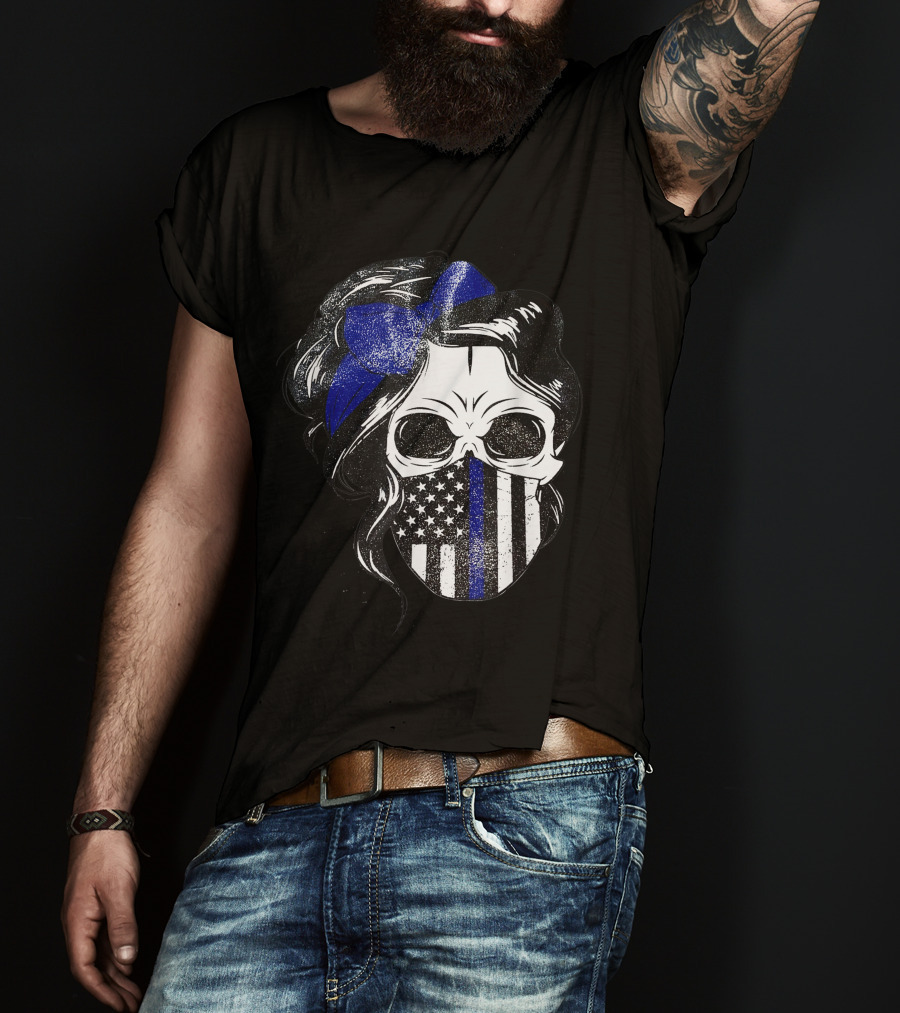 Skull Flag Blue Line Mask With Hair Bow And American T-Shirt