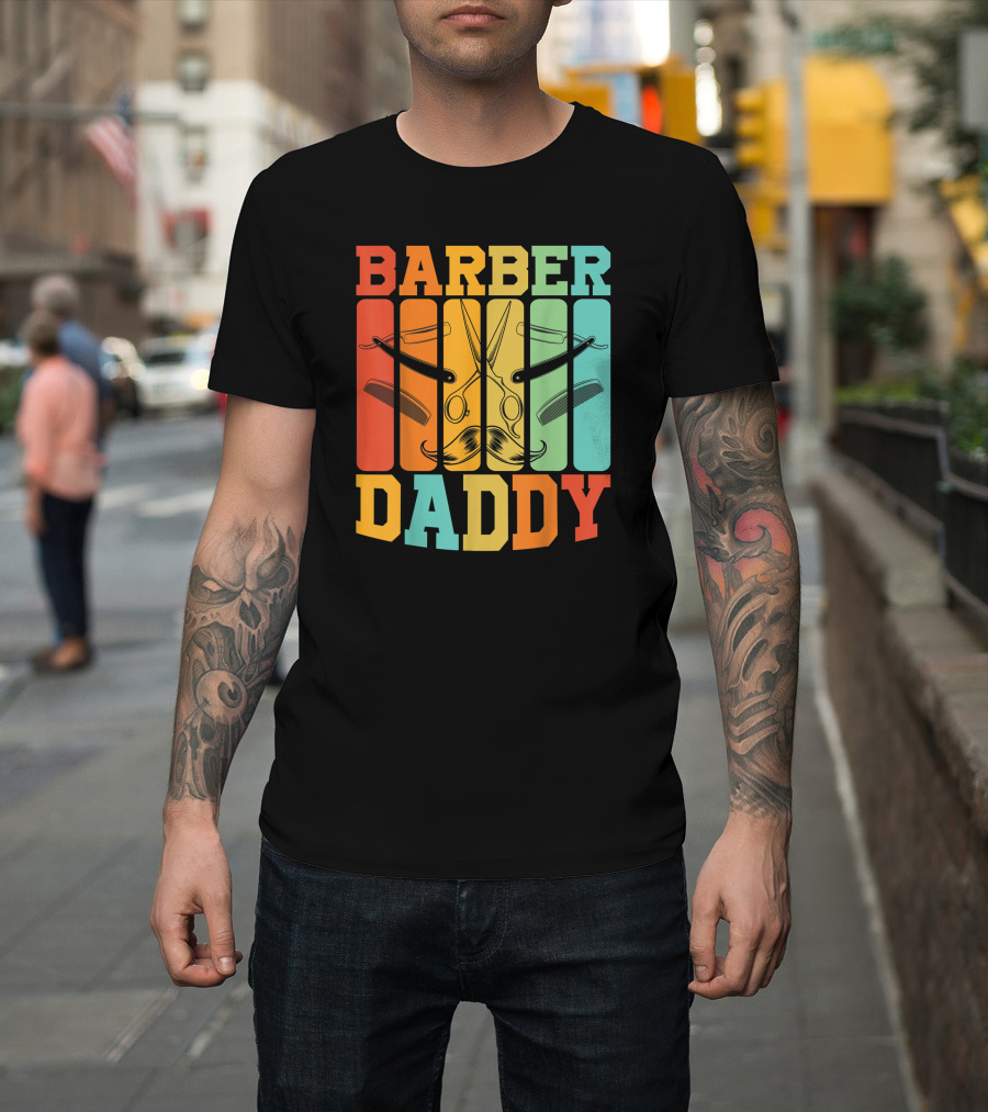 Barber Daddy Scissors and Comb Mustache Style Retro Blocks T-Shirt