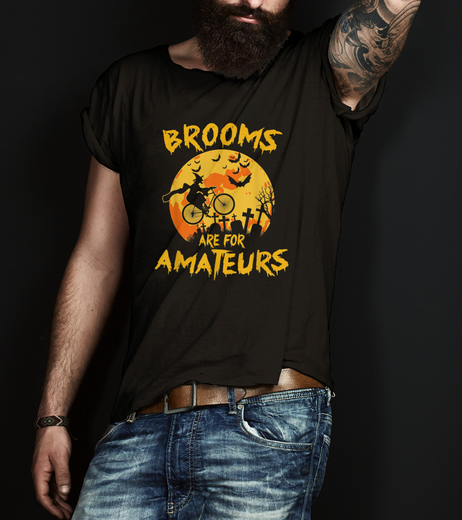 Brooms Are For Amateurs Witch Riding Bicycle Halloween Moon Graveyard Bats T-Shirt