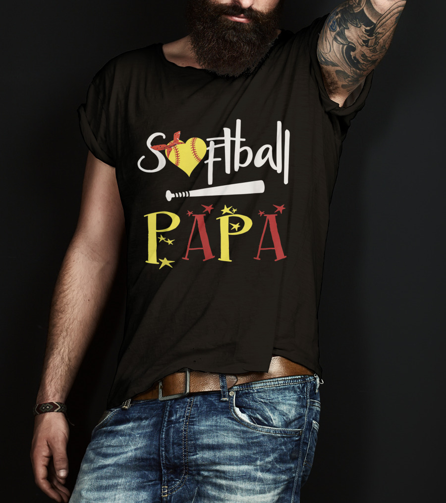 Softball Papa Heart Bat Stars T-Shirt