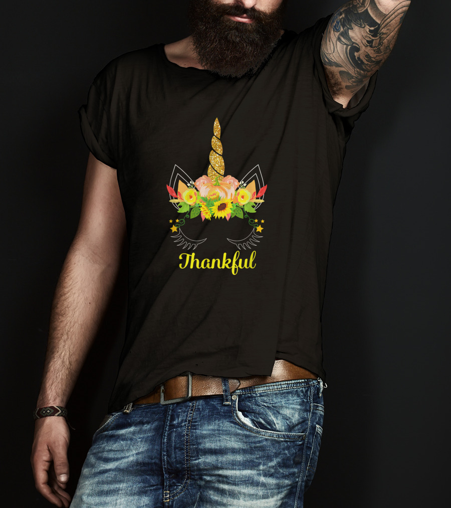 Thankful Thanksgiving Cute Unicorn Pumpkin Floral Sunflower T-Shirt