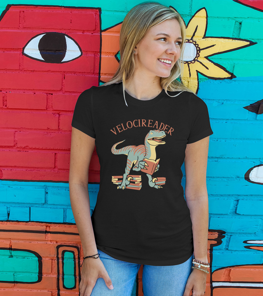 VELOCIREADER Dinosaur Reading Book With Stacked Books T-Shirt