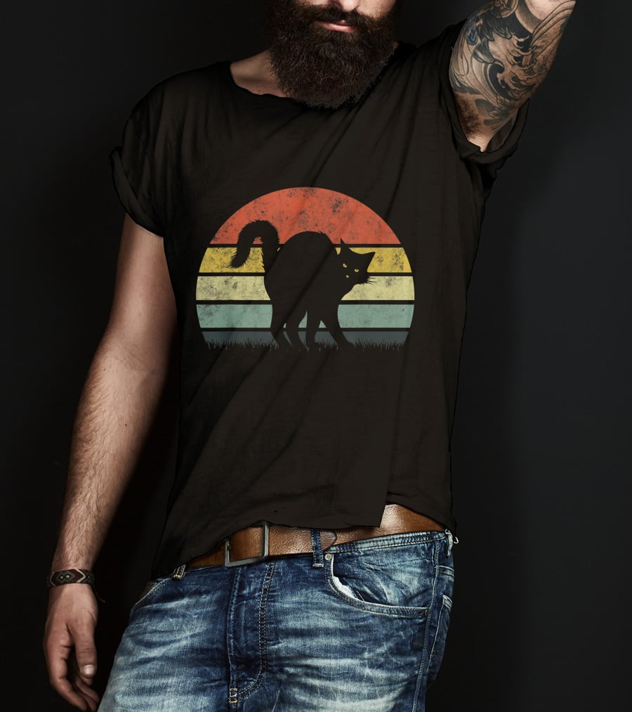 Vintage Retro Scary Black Cat Silhouette Sunset T-Shirt