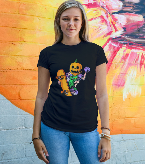 Pumpkin Head Trick Skateboarding With Halloween T-Shirt