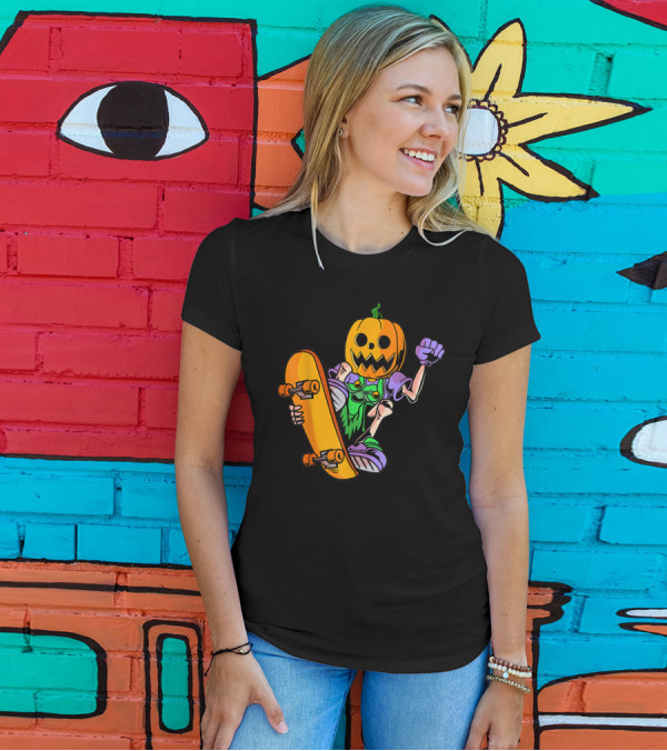 Pumpkin Head Trick Skateboarding With Halloween T-Shirt