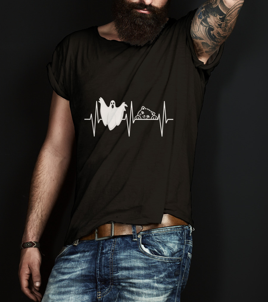 Cats Paranormal Ghost Hunting With Heartbeat Line And Ghostly Cat T-Shirt