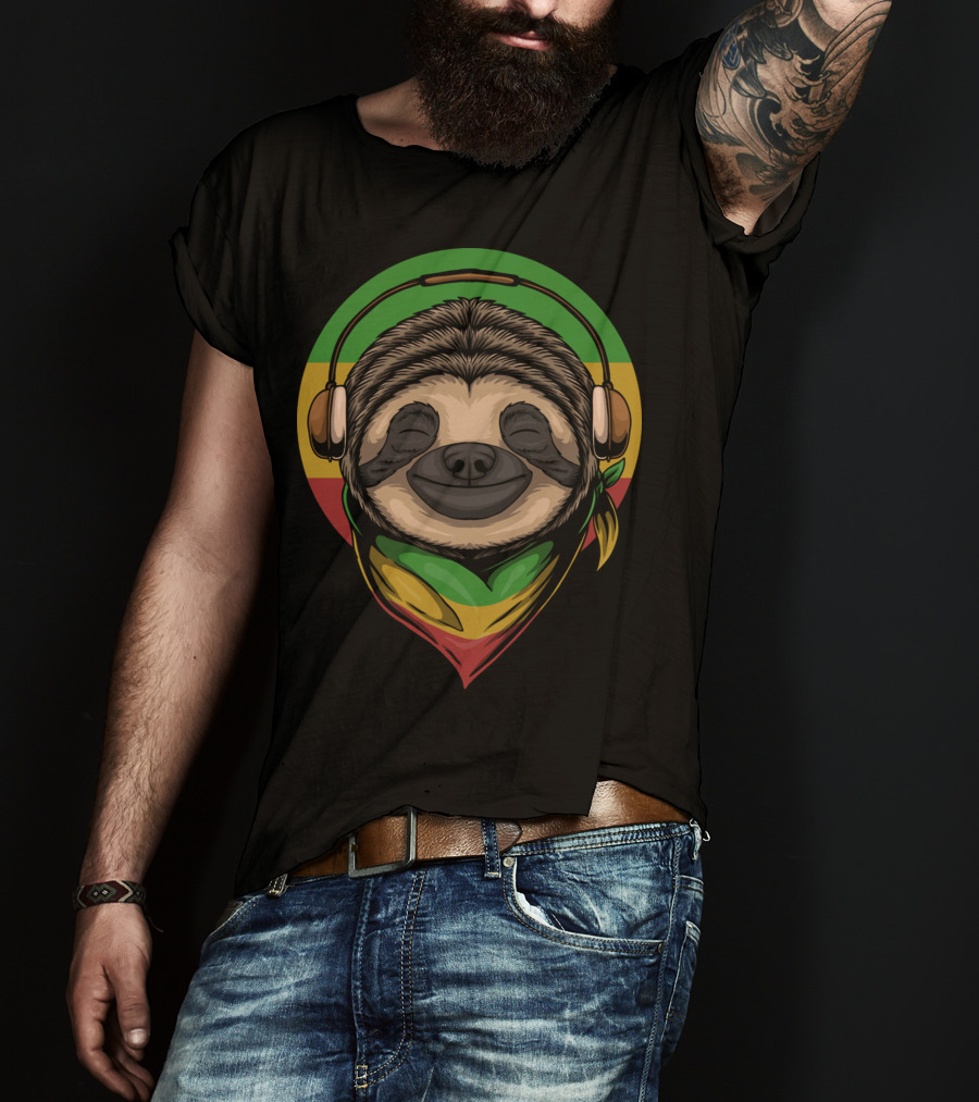 Sloth Rasta Headphones Rasta Colors T-Shirt