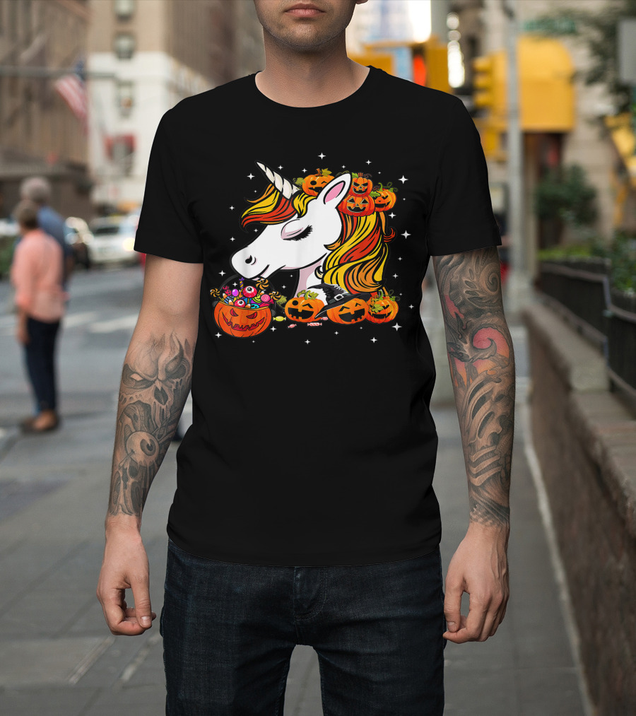 Candy Corn Unicorn Surrounded By Jack-O-Lanterns And Candy-Eyed Treats Halloween T-Shirt