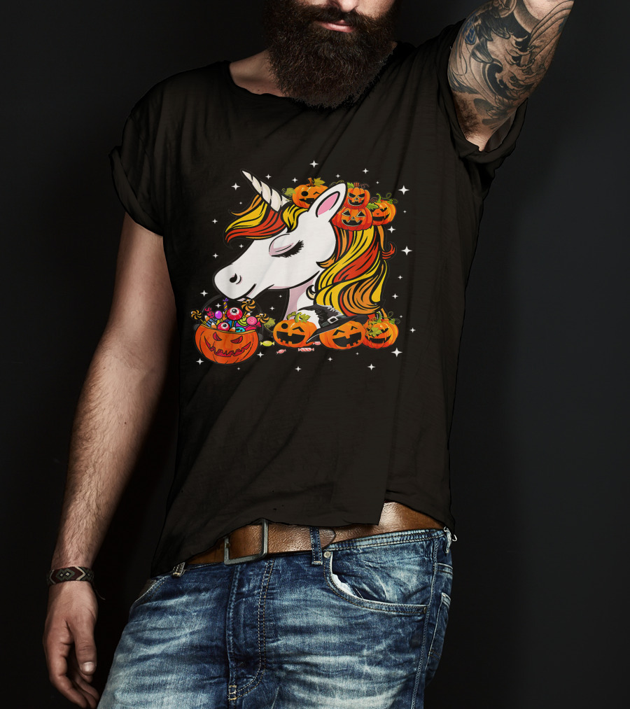 Candy Corn Unicorn Surrounded By Jack-O-Lanterns And Candy-Eyed Treats Halloween T-Shirt