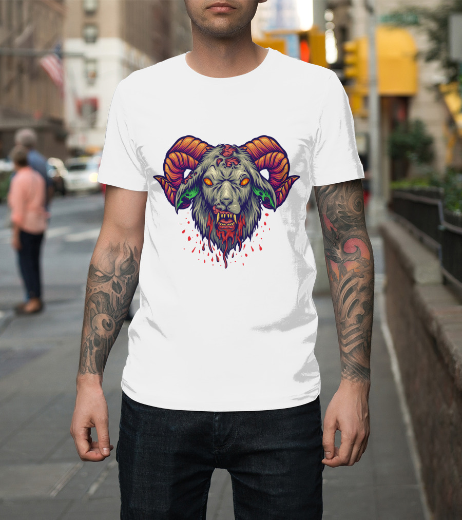 Devil Head Horn Gothic Goat with Blood Splatter and Evil Eyes T-Shirt