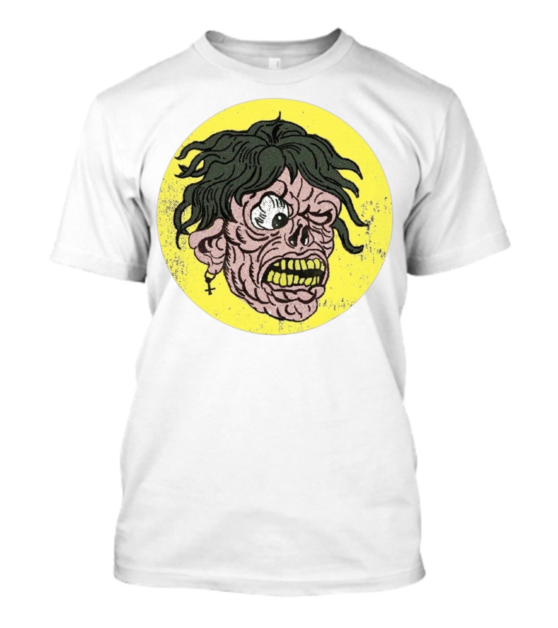 Rebel Zombie Grinning Undead Head With Cross Earring On Yellow Circle T-Shirt