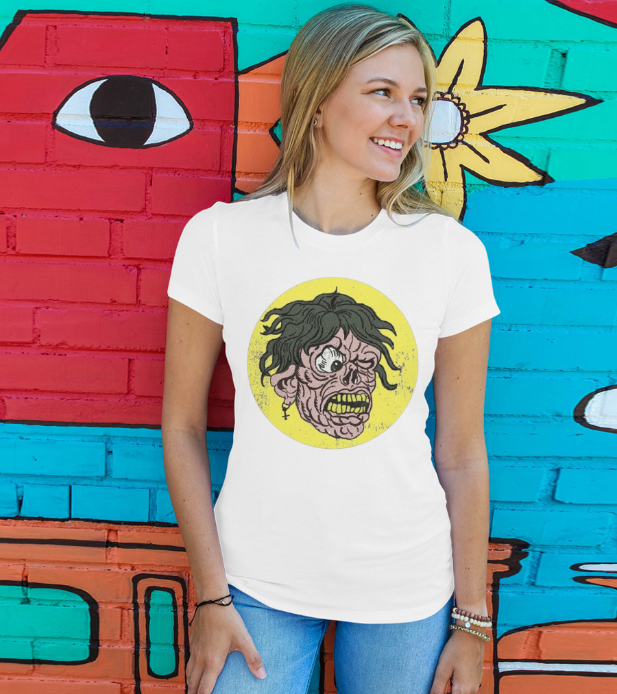 Rebel Zombie Grinning Undead Head With Cross Earring On Yellow Circle T-Shirt