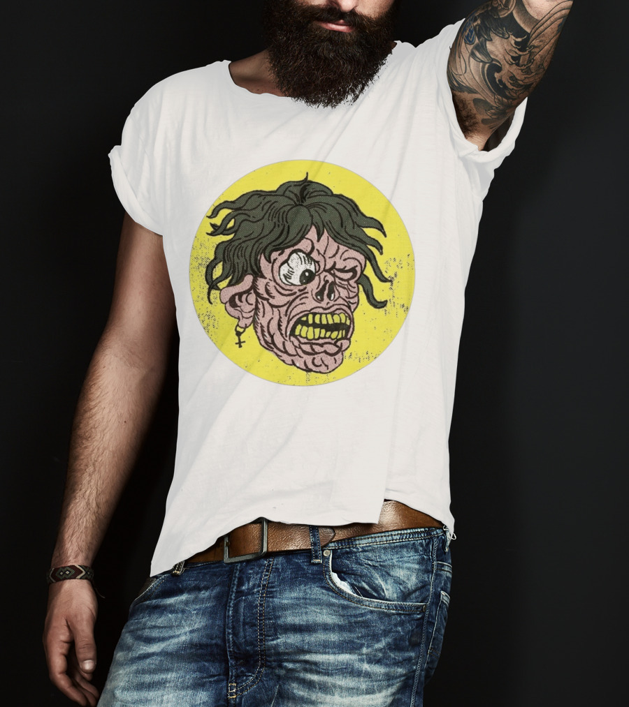 Rebel Zombie Grinning Undead Head With Cross Earring On Yellow Circle T-Shirt