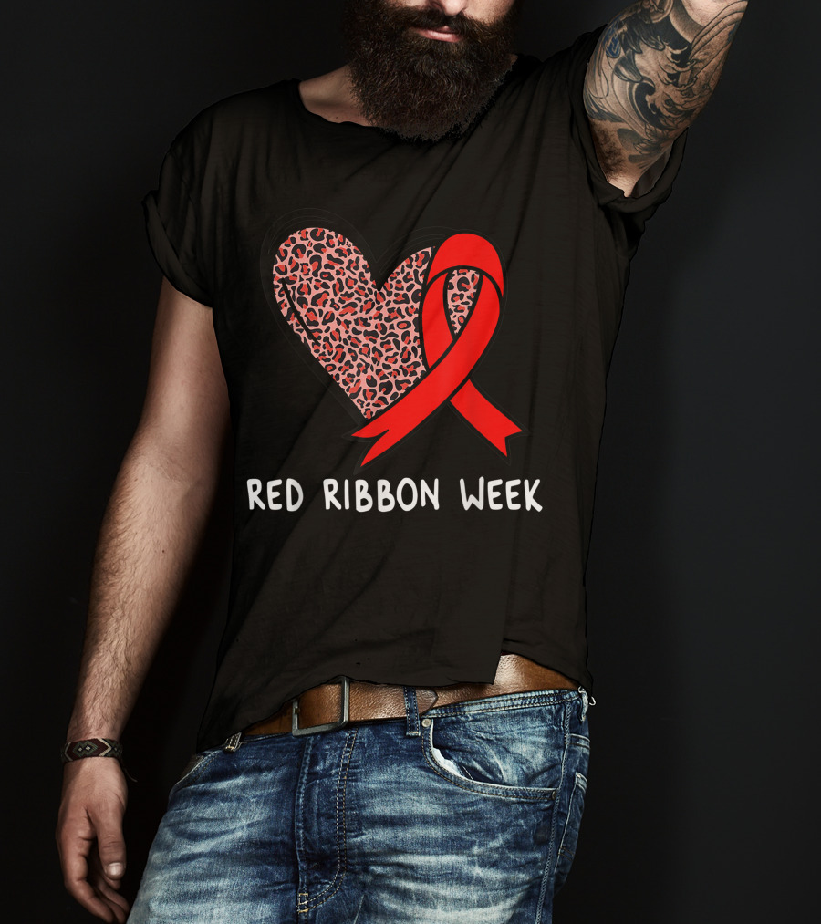 Red Ribbon Week Leopard Print Heart T-Shirt