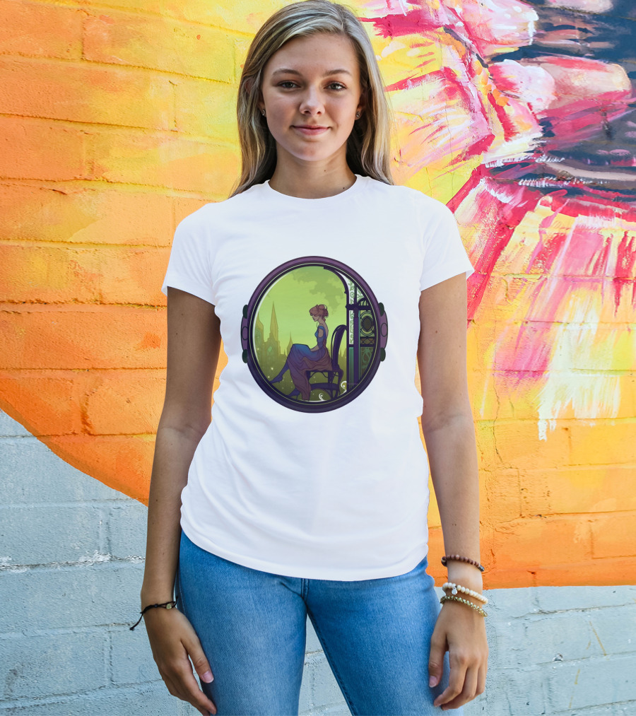 Mysterious Pensive Woman In Enchanted Gothic Cityscape T-Shirt