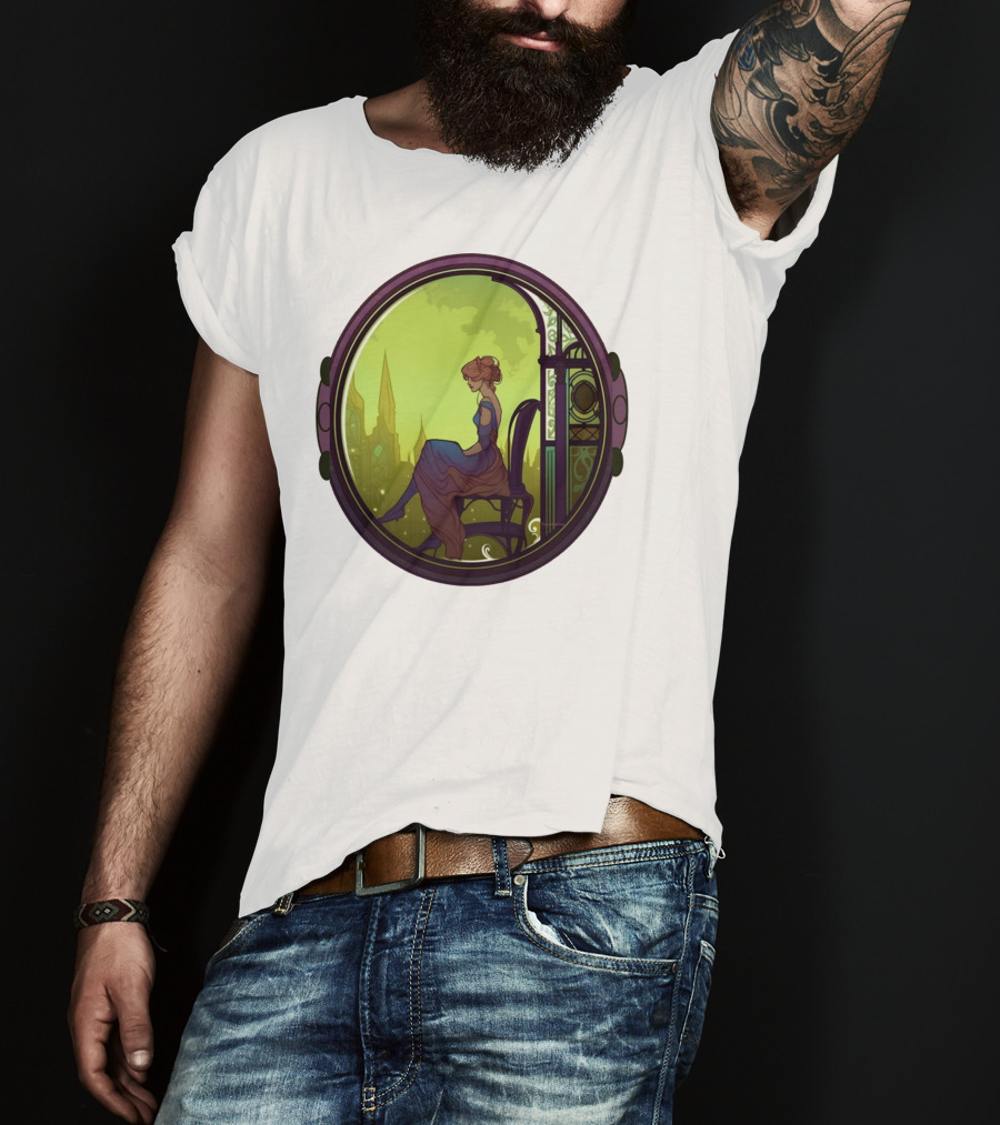 Mysterious Pensive Woman In Enchanted Gothic Cityscape T-Shirt