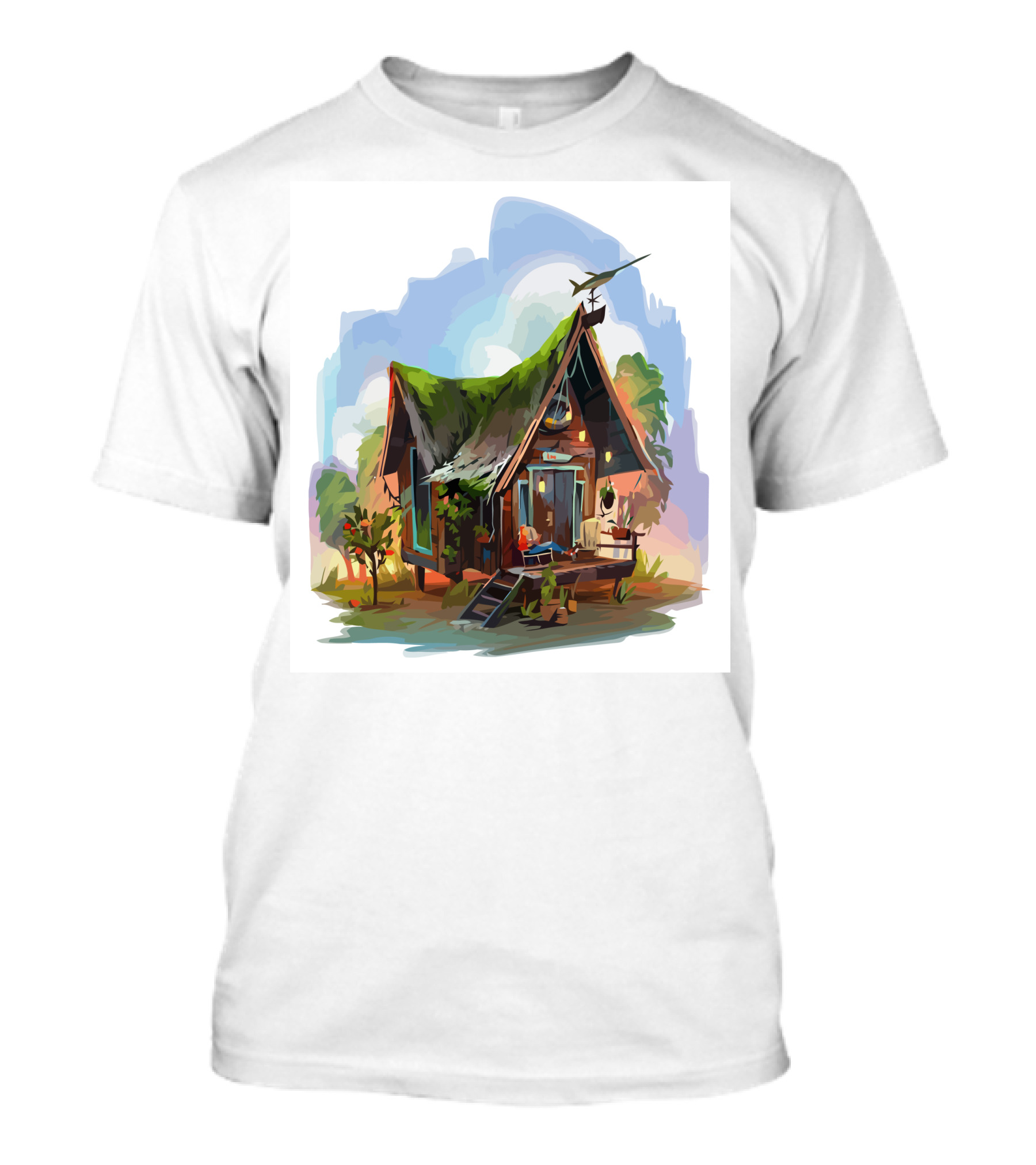 Dream House With Grass Roof And Airplane Sky Scene T-Shirt
