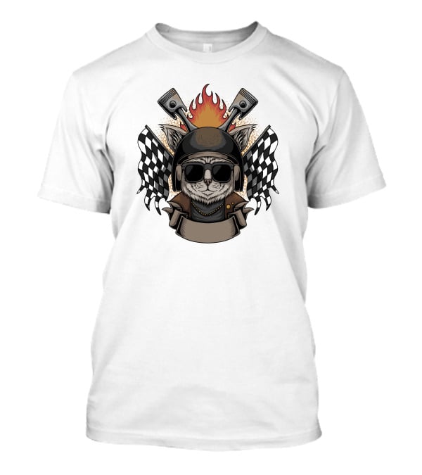 Cat Helmet Motorcycle Flames Checkered Flags Emblem T-Shirt