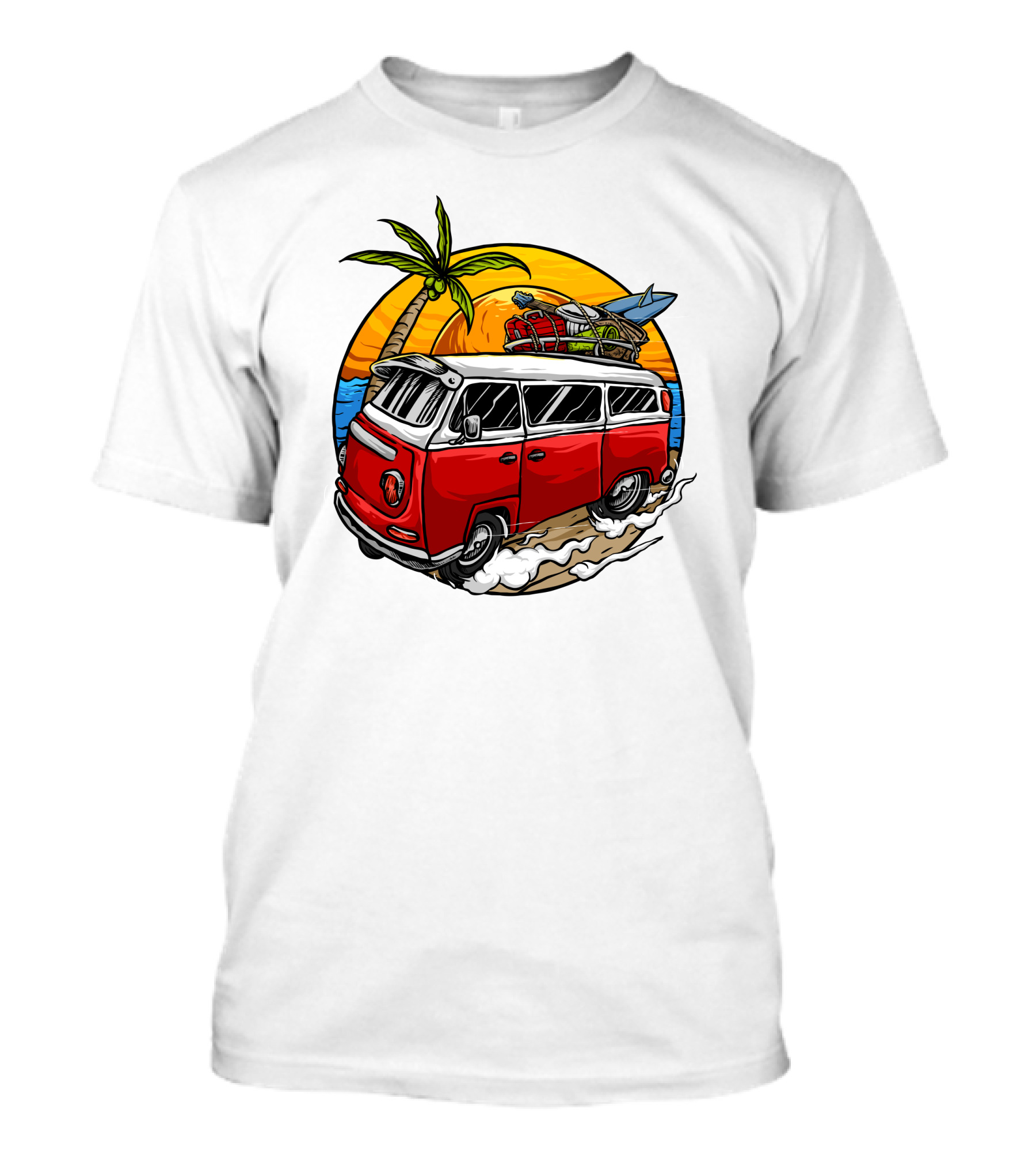 Holiday Vintage Car With Sunset Surfboard And Palm Tree Beach Scene T-Shirt