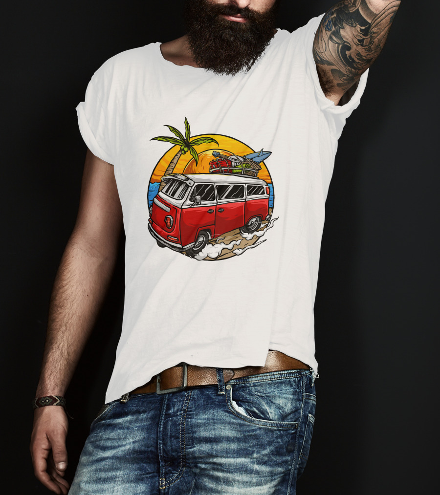 Holiday Vintage Car With Sunset Surfboard And Palm Tree Beach Scene T-Shirt