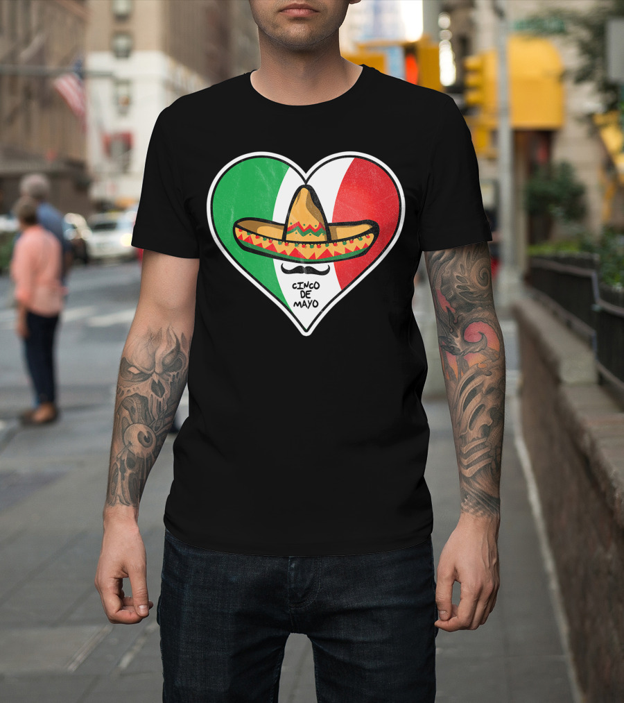 Cinco De Mayo Vintage Sombrero Heart Mexican Flag T-Shirt