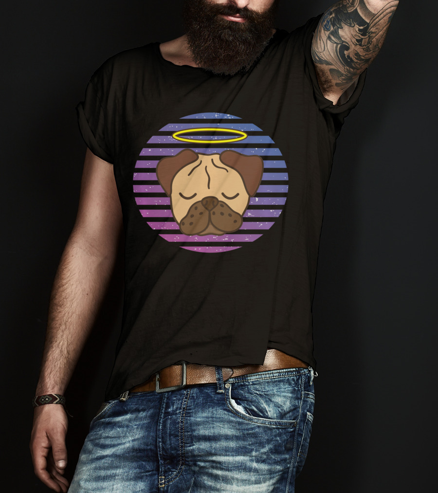 Cute Pug Halo Retro Stripes T-Shirt