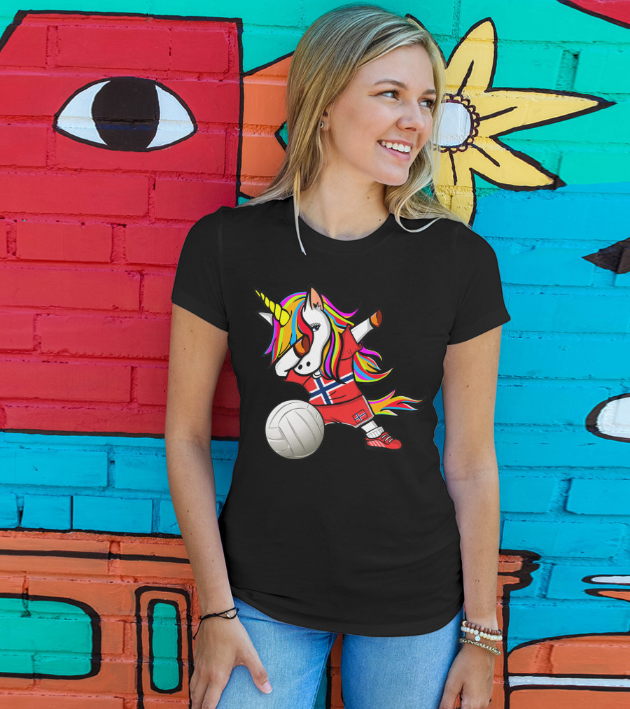 Dabbing Unicorn Norway Volleyball Fans Norwegian Flag Rainbow Jersey T-Shirt