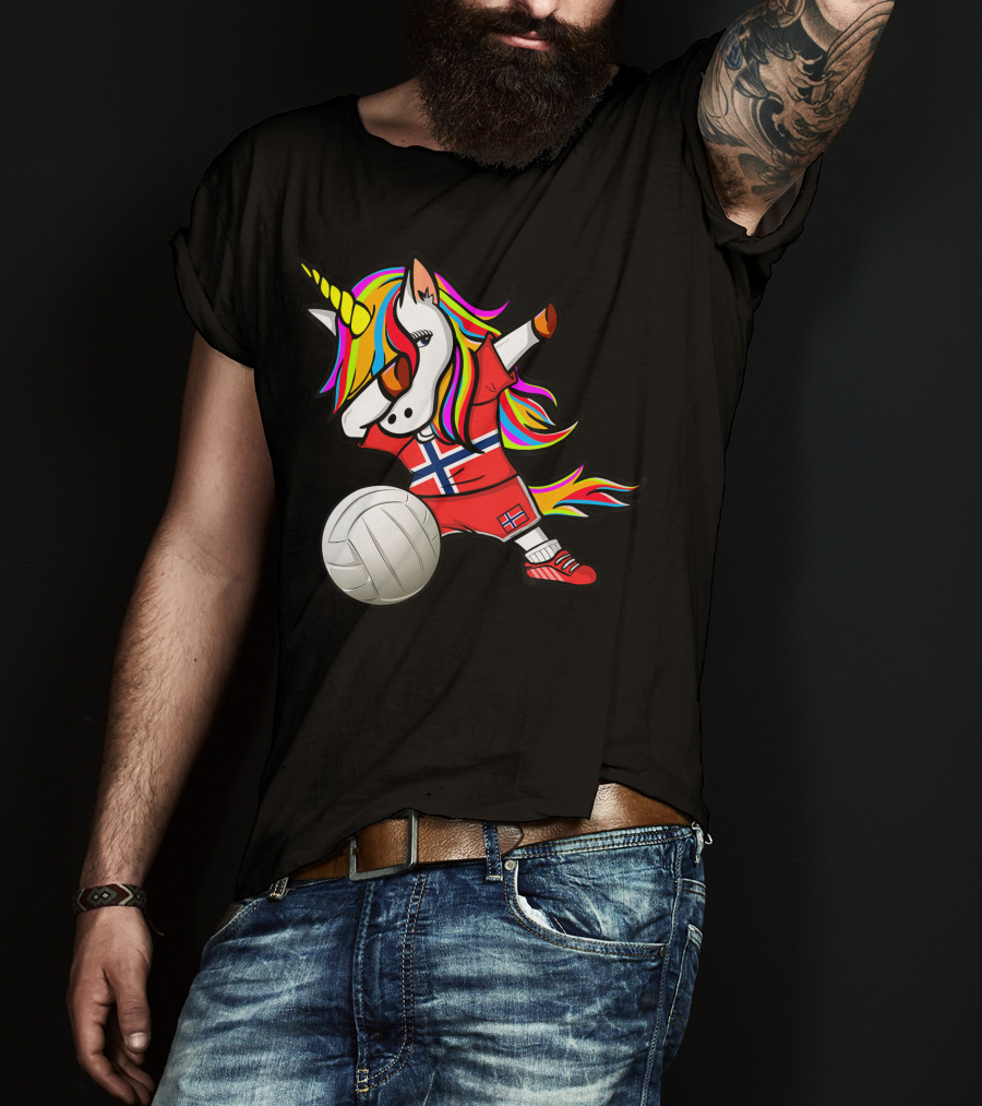Dabbing Unicorn Norway Volleyball Fans Norwegian Flag Rainbow Jersey T-Shirt
