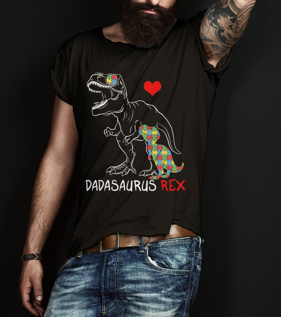 Dadasaurus Rex Heart Puzzle Autism Awareness Daddy T-Shirt