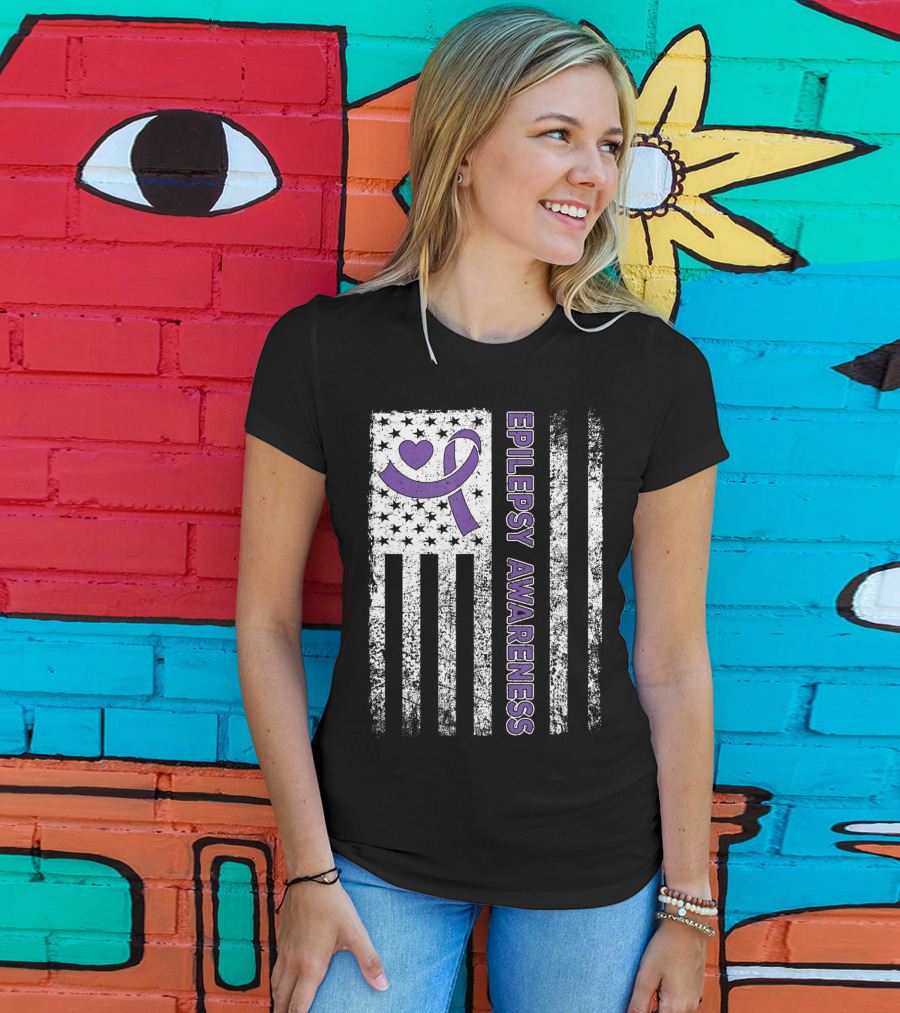 Epilepsy Awareness Flag Purple Ribbon Heart Warrior T-Shirt