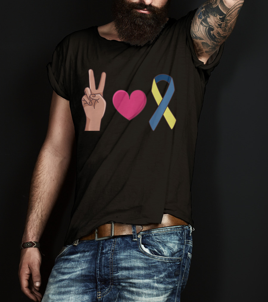 Peace Love Down Syndrome Awareness Blue Yellow T-Shirt