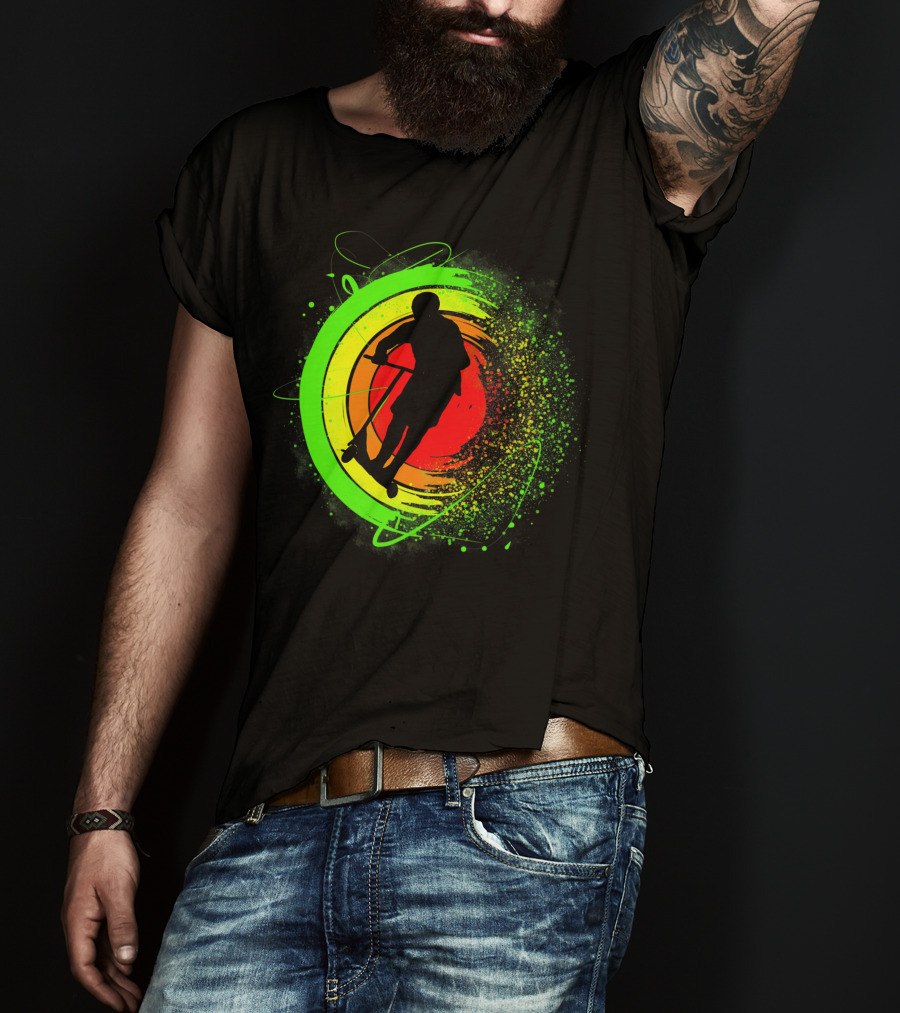 Scooter Stunt Action Silhouette In Vivid Circular Splash T-Shirt