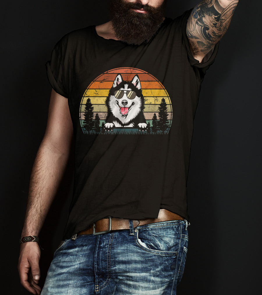 Siberian Husky Dog Xmas Retro Sunset Sunglasses T-Shirt