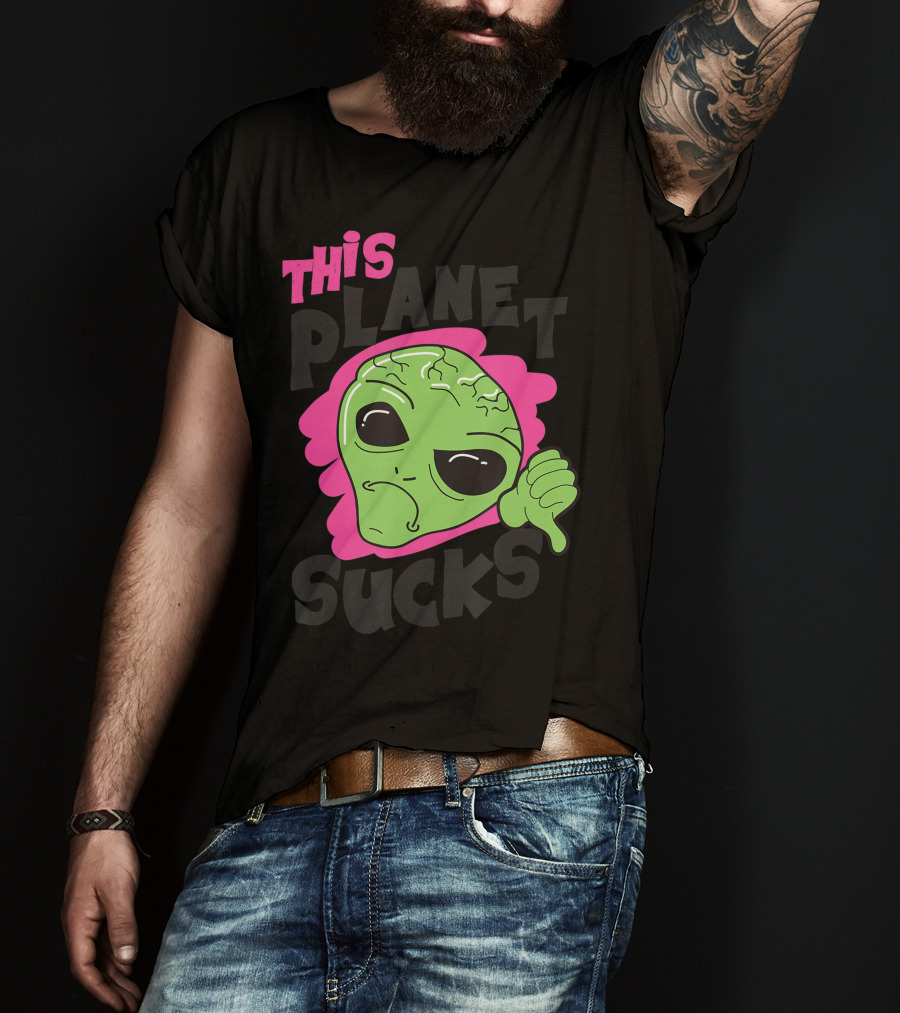 Green Alien Head Face This Planet Sucks Thumbs Down T-Shirt